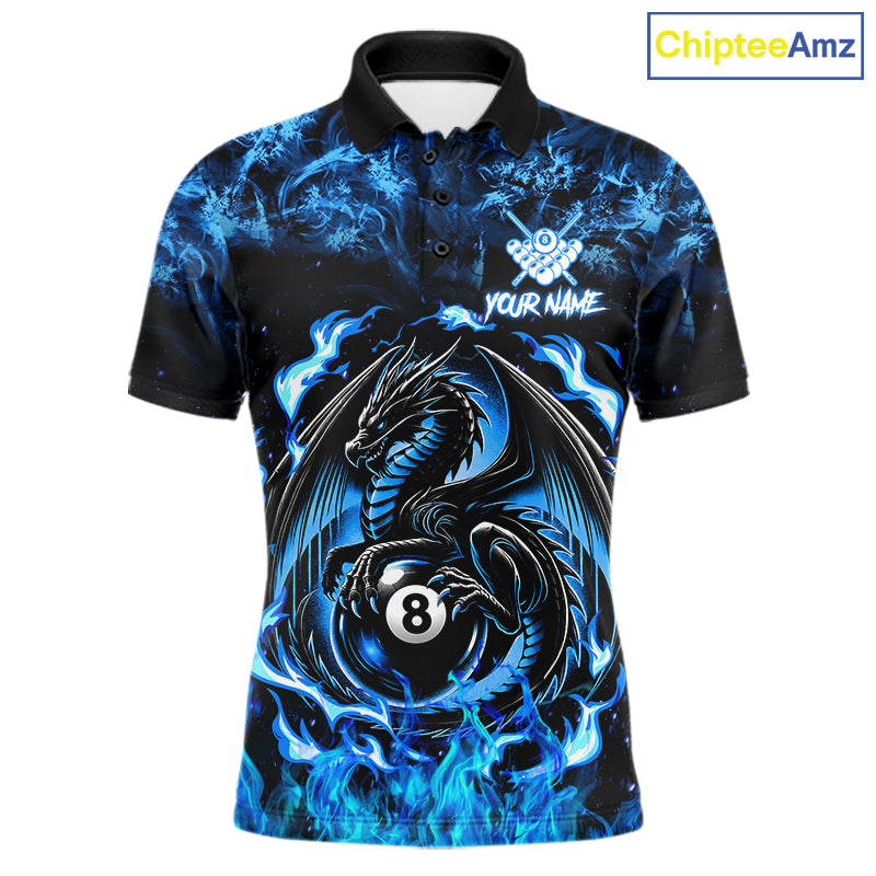 Black And Blue Flaming Dragon 8 Ball Billiard Pool Shirts For Men Custom Billiard Team Jersey TDM7644