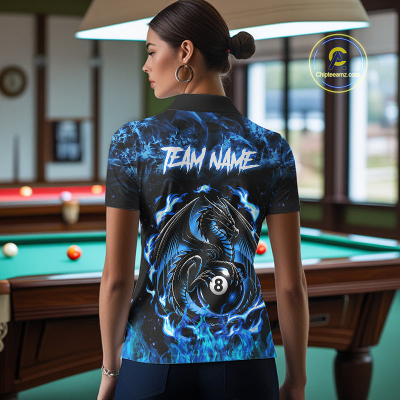 Black And Blue Flaming Dragon 8 Ball Billiard Pool Shirts For Women Custom Billiard Team Jersey TDM7644