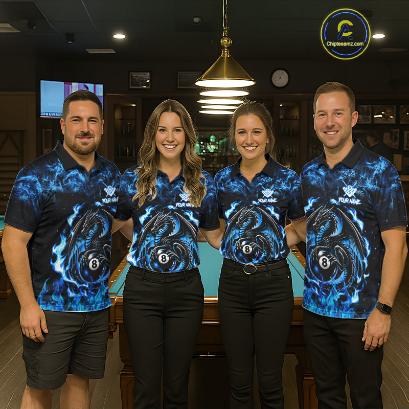 Black And Blue Flaming Dragon 8 Ball Billiard Pool Shirts For Men Custom Billiard Team Jersey TDM7644