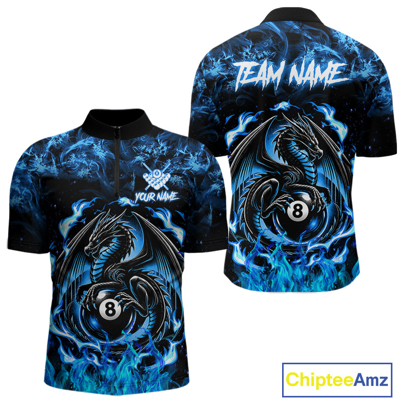 Black And Blue Flaming Dragon 8 Ball Billiard Pool Shirts For Men Custom Billiard Team Jersey TDM7644