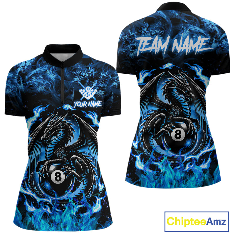 Black And Blue Flaming Dragon 8 Ball Billiard Pool Shirts For Women Custom Billiard Team Jersey TDM7644
