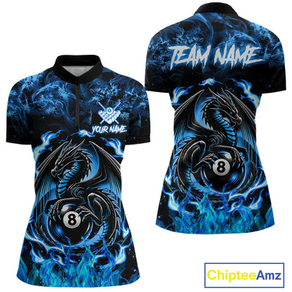 Black And Blue Flaming Dragon 8 Ball Billiard Pool Shirts For Women Custom Billiard Team Jersey TDM7644