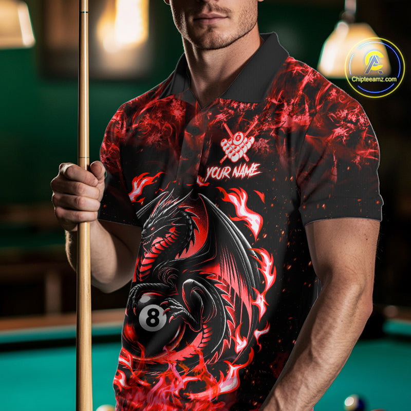 Black And Red Flaming Dragon 8 Ball Billiard Pool Shirt For Men Custom Billiard League Team Jersey TDM7645