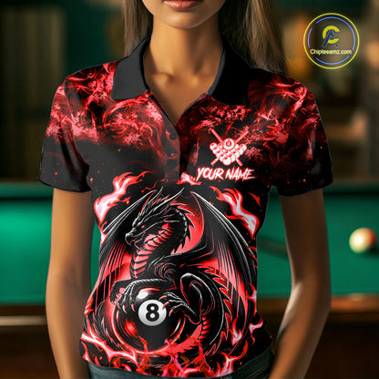 Black And Red Flaming Dragon 8 Ball Billiard Pool Shirt For Women Custom Billiard League Team Jersey TDM7645