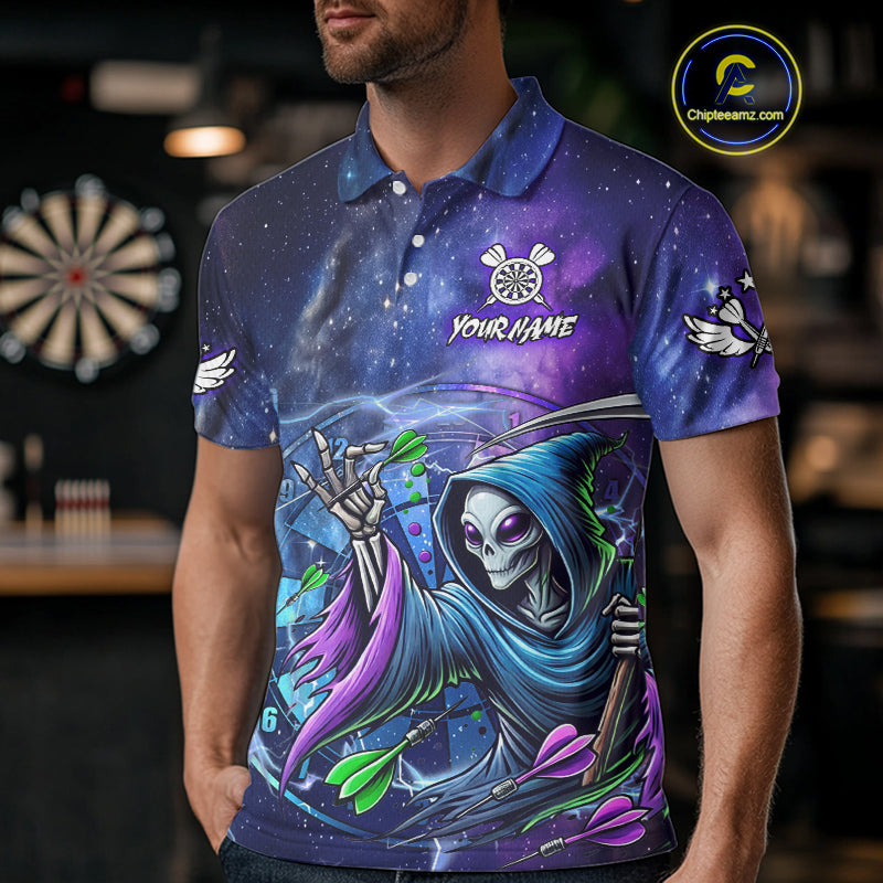 Funny Blue Purple Galaxy Alien Dart Shirts For Men Custom Glowing Dart Jersey Team Polo & 1/4 Zip TDM5075