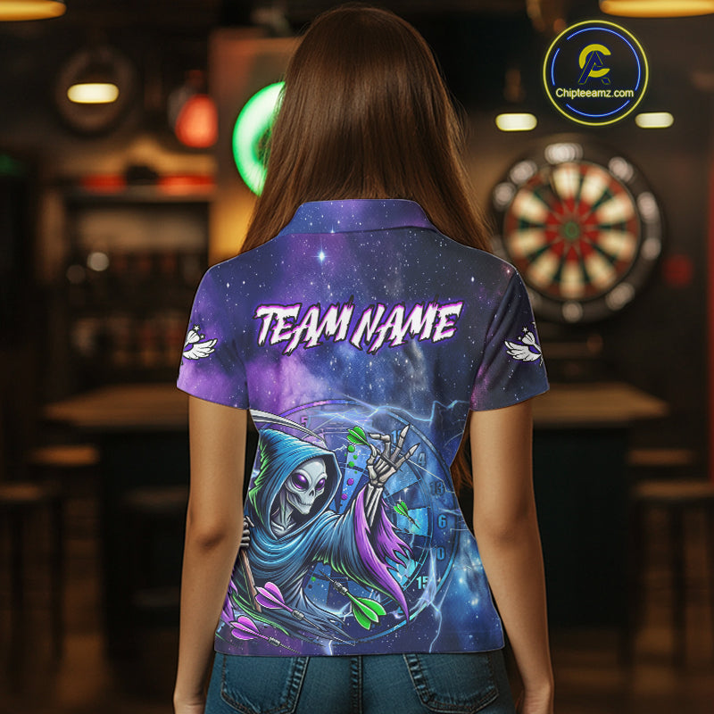 Funny Blue Purple Galaxy Alien Dart Shirts For Women Custom Glowing Dart Jersey Team Polo & 1/4 Zip TDM5075