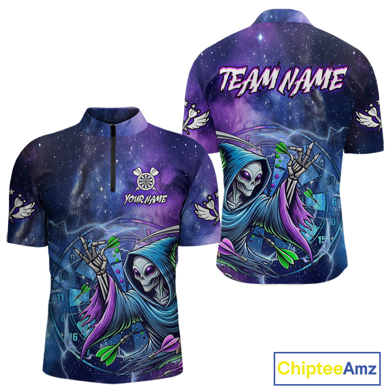 Funny Blue Purple Galaxy Alien Dart Shirts For Men Custom Glowing Dart Jersey Team Polo & 1/4 Zip TDM5075