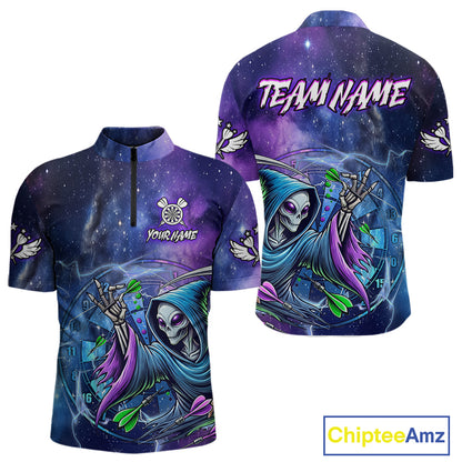 Funny Blue Purple Galaxy Alien Dart Shirts For Men Custom Glowing Dart Jersey Team Polo & 1/4 Zip TDM5075