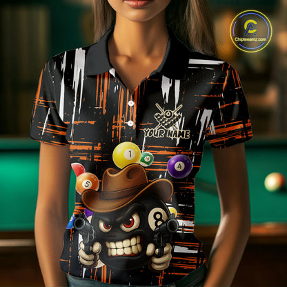 Personalized Orange Grunge Funny 8 Ball Billiard Shirt For Women, Pool Team Jersey Polo & 1/4 Zip TDM5285