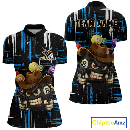 Personalized Blue Grunge Funny 8 Ball Billiard Shirt For Women, Pool Team Jersey Polo & 1/4 Zip TDM5286