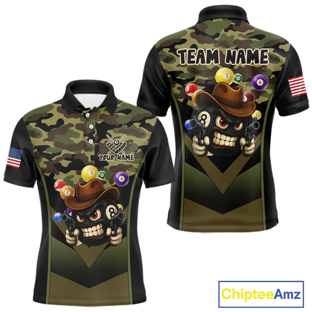 Personalized Green Camo Funny 8 Ball Billiard Shirt For Men Custom Pool Team Jersey Polo & 1/4 Zip TDM5287
