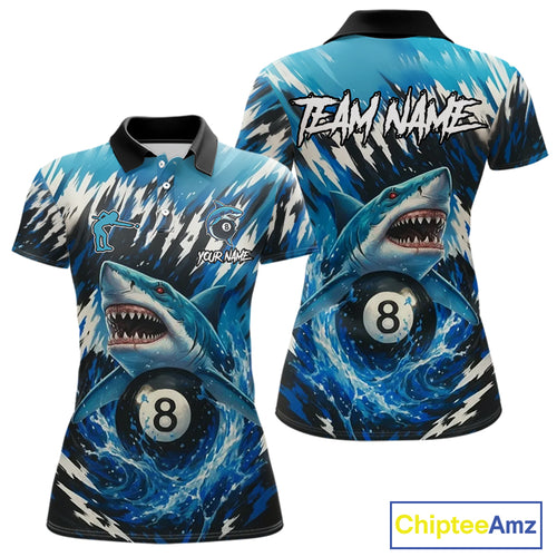 Blue Shark 8 Ball Billiard Shirt For Women Custom Billiard Jersey, Pool Team Shirt Polo & 1/4 Zip TDM5290