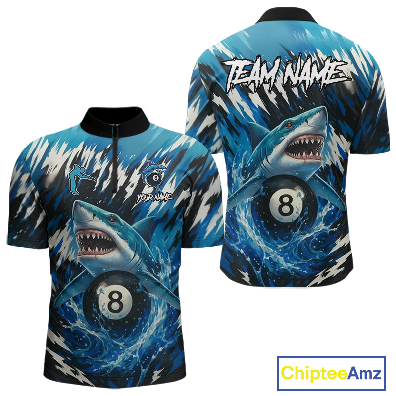 Load image into Gallery viewer, Blue Shark 8 Ball Billiard Shirt For Men Custom Billiard Jersey, Pool Team Shirt Polo & 1/4 Zip TDM5290