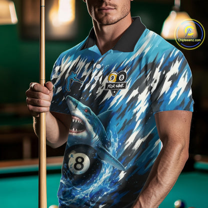 Custom Funny Blue Shark 8 Ball & 9 Ball Billiard Shirt For Men, Pool Team Shirt Polo & 1/4 Zip TDM5291