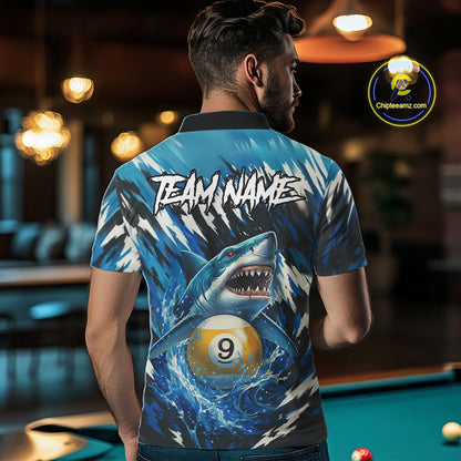 Custom Funny Blue Shark 8 Ball & 9 Ball Billiard Shirt For Men, Pool Team Shirt Polo & 1/4 Zip TDM5291