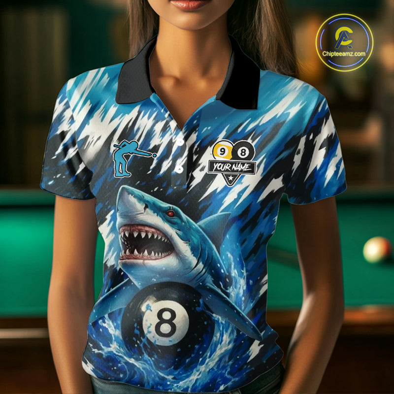 Custom Funny Blue Shark 8 Ball & 9 Ball Billiard Shirt For Women, Pool Team Shirt Polo & 1/4 Zip TDM5291