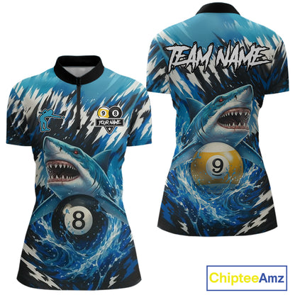 Custom Funny Blue Shark 8 Ball & 9 Ball Billiard Shirt For Women, Pool Team Shirt Polo & 1/4 Zip TDM5291