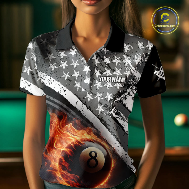 Personalized US Flag 8 Ball Pool Fire Billiard Shirt For Women Custom Grunge Billiard Team Jersey TDM5544