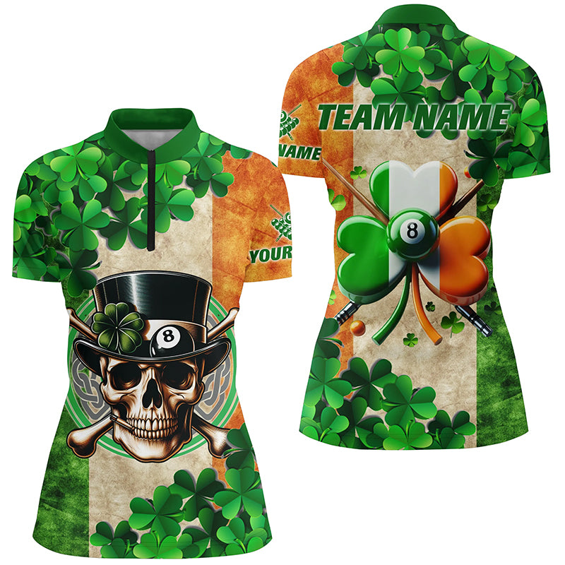 Billiard St Patrick's Day Skull Custom Shamrock Women Quarter-Zip, Patrick Lucky Pool Shirts TDM0981