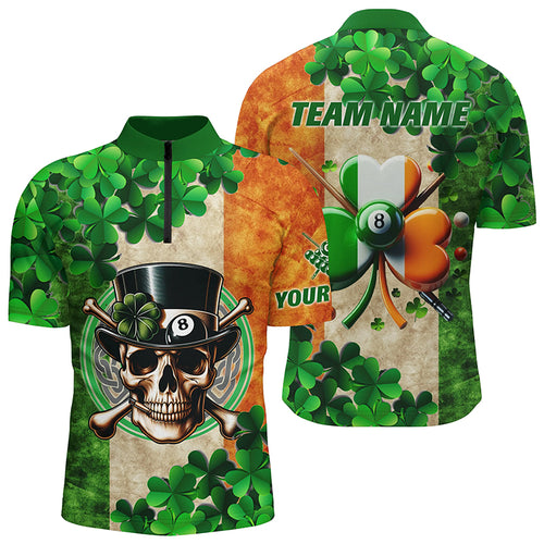 Billiard St Patrick's Day Skull Custom Shamrock Men Quarter-Zip, Patrick Lucky Pool Shirts TDM0981