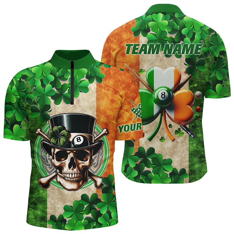 Billiard St Patrick's Day Skull Custom Shamrock Men Quarter-Zip, Patrick Lucky Pool Shirts TDM0981
