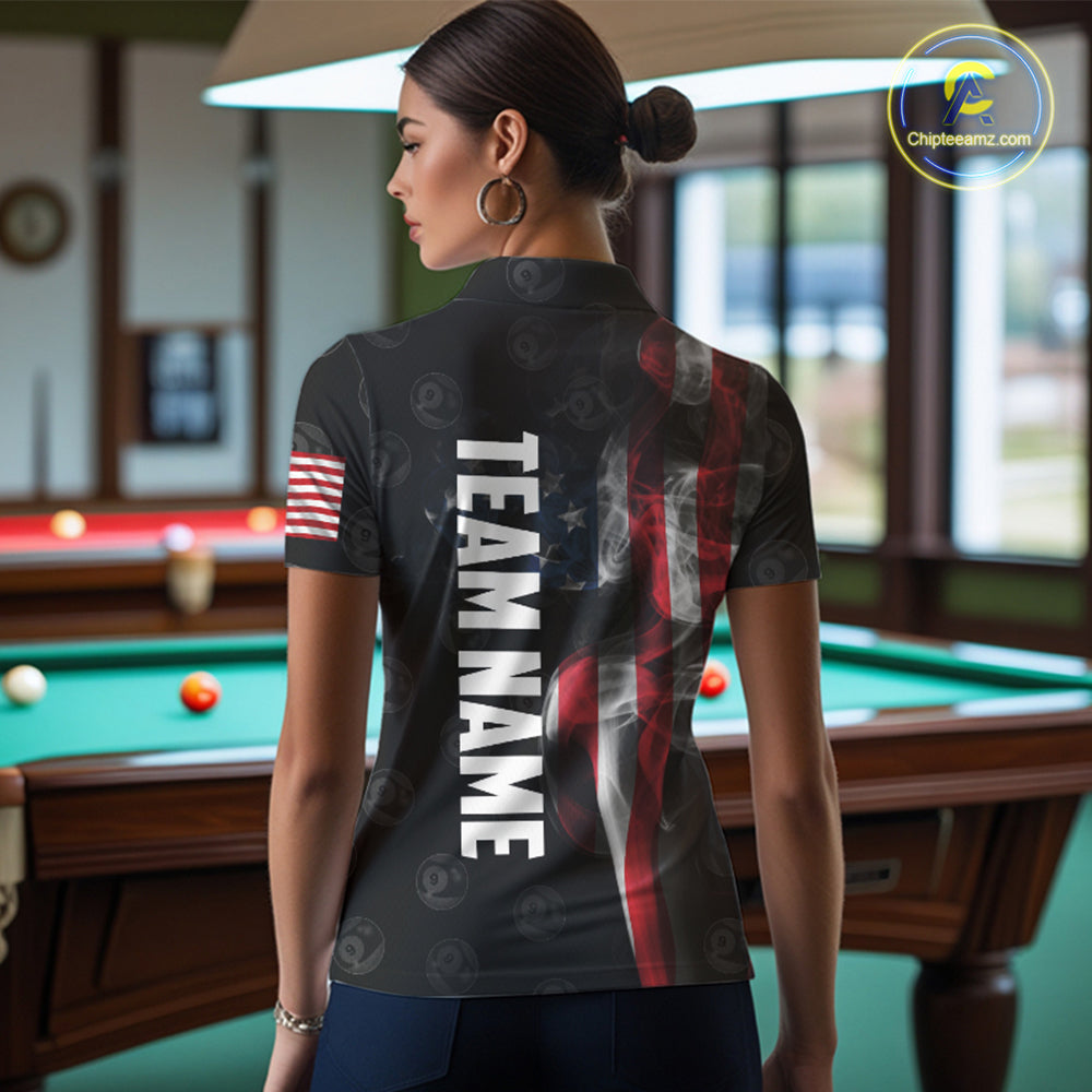 Personalized Vintage Smoke US Flag Billiard Shirts For Women, 9 Ball Pool Patriotic Billiard Jerseys TDM3633