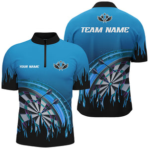 Personalized Blue Darts Flame Men Quarter-Zip Shirt Custom Team League Darts Jersey Attire TDM1519