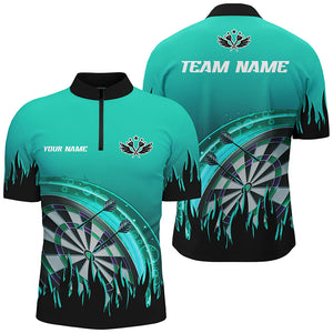 Personalized Turquoise Darts Flame Men Quarter-Zip Shirts Custom Team League Darts Jersey TDM1520