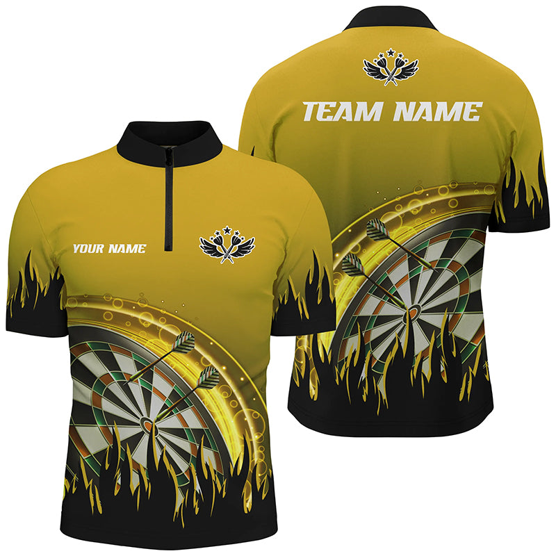 Personalized Yellow Darts Flame Men Quarter-Zip Shirt Custom Team League Darts Jersey Attire TDM1522