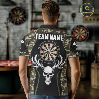 Personalized Green Camo Skull Darts Shirt For Men Custom Darts League Jersey Team Polo & 1/4 Zip TDM6402