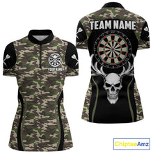 Load image into Gallery viewer, Personalized Green Camo Skull Darts Shirt For Women Custom Darts League Jersey Team Polo &amp; 1/4 Zip TDM6402