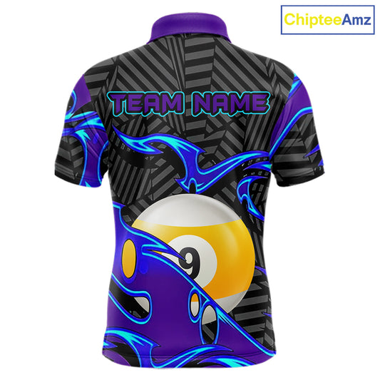 Personalized Blue Purple 9 Ball Pool Billiards Shirts For Men, Billiard Team Jersey Polo &1/4 Zip TDM6403