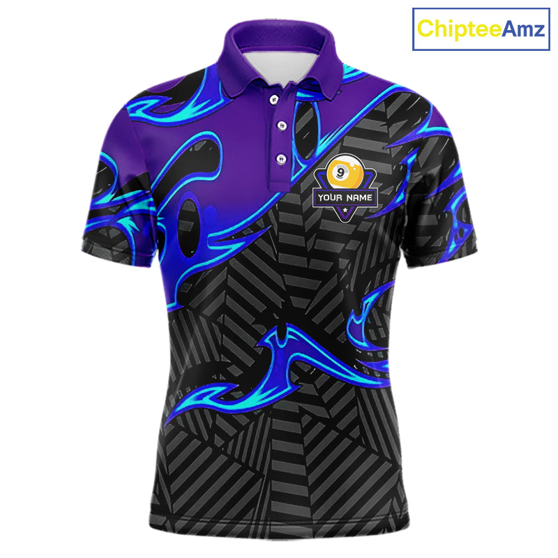 Personalized Blue Purple 9 Ball Pool Billiards Shirts For Men, Billiard Team Jersey Polo &1/4 Zip TDM6403