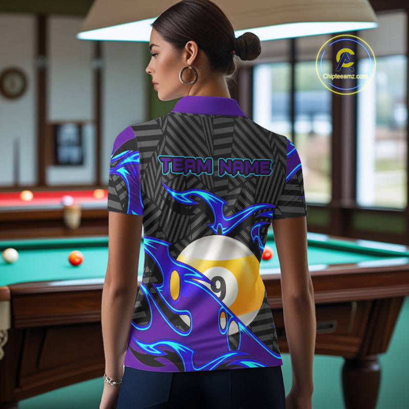 Personalized Blue Purple 9 Ball Pool Billiards Shirts For Women, Billiard Team Jersey Polo & 1/4 Zip TDM6403