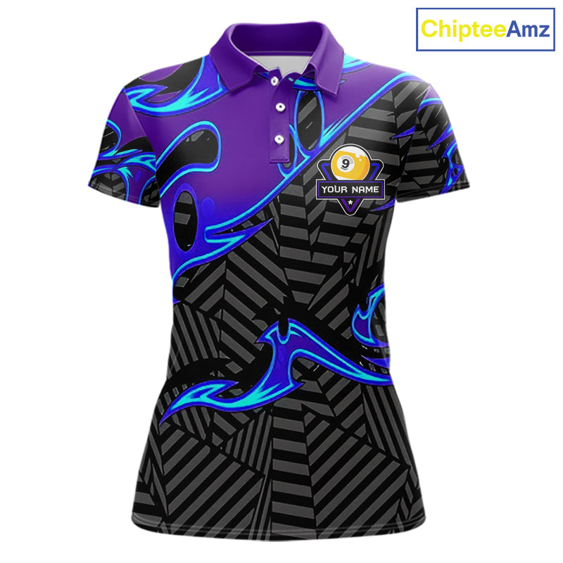 Personalized Blue Purple 9 Ball Pool Billiards Shirts For Women, Billiard Team Jersey Polo & 1/4 Zip TDM6403