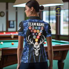 Load image into Gallery viewer, Personalized Blue Camo Skull Billiard Shirt For Women, 8 Ball Billiard Team Jersey Polo &amp; 1/4 Zip TDM6399