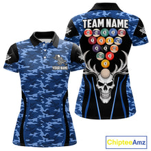 Load image into Gallery viewer, Personalized Blue Camo Skull Billiard Shirt For Women, 8 Ball Billiard Team Jersey Polo &amp; 1/4 Zip TDM6399