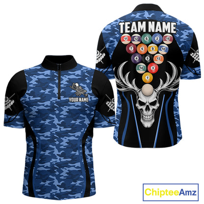 Personalized Blue Camo Skull Billiard Shirt For Men, 8 Ball Billiard Team Jersey Polo & 1/4 Zip TDM6399