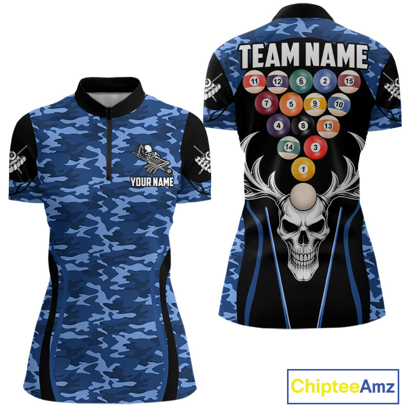 Personalized Blue Camo Skull Billiard Shirt For Women, 8 Ball Billiard Team Jersey Polo & 1/4 Zip TDM6399