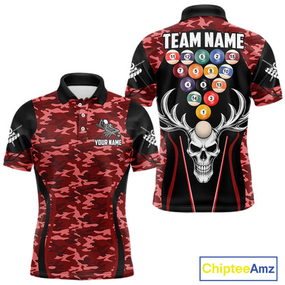 Personalized Red Camo Skull Billiard Shirt For Men, 8 Ball Billiard Team Jersey Polo & 1/4 Zip TDM6400
