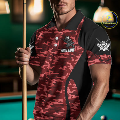 Personalized Red Camo Skull Billiard Shirt For Men, 8 Ball Billiard Team Jersey Polo & 1/4 Zip TDM6400