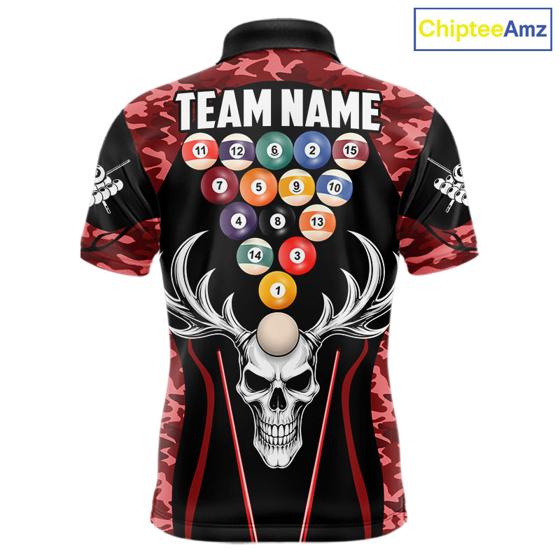 Personalized Red Camo Skull Billiard Shirt For Men, 8 Ball Billiard Team Jersey Polo & 1/4 Zip TDM6400