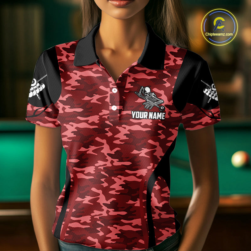 Personalized Red Camo Skull Billiard Shirt For Women, 8 Ball Billiard Team Jersey Polo & 1/4 Zip TDM6400