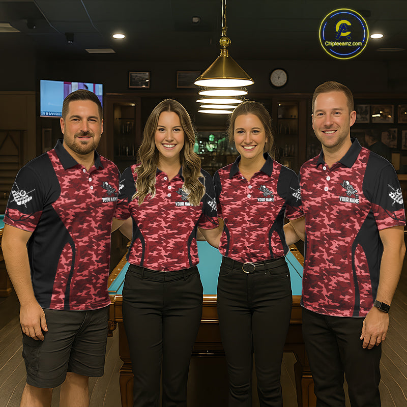 Personalized Red Camo Skull Billiard Shirt For Men, 8 Ball Billiard Team Jersey Polo & 1/4 Zip TDM6400