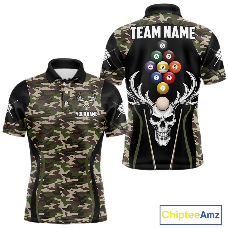 Personalized Green Camo Skull Billiard Shirt For Men, 9 Ball Billiard Team Jersey Polo & 1/4 Zip TDM6401