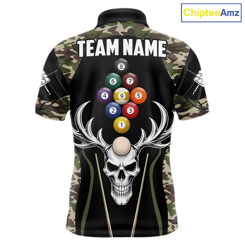 Personalized Green Camo Skull Billiard Shirt For Men, 9 Ball Billiard Team Jersey Polo & 1/4 Zip TDM6401