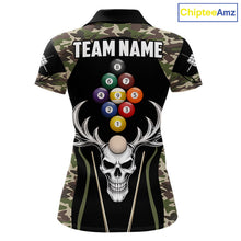 Load image into Gallery viewer, Personalized Green Camo Skull Billiard Shirt For Women, 9 Ball Billiard Team Jersey Polo &amp; 1/4 Zip TDM6401