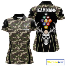 Load image into Gallery viewer, Personalized Green Camo Skull Billiard Shirt For Women, 9 Ball Billiard Team Jersey Polo &amp; 1/4 Zip TDM6401