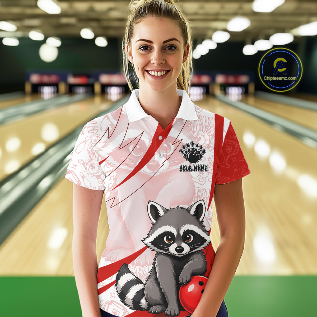 Custom Red Funny Raccoon Bowling Jersey For Women Custom Bowling Shirts Team Polo & Quarter Zip TDM6592