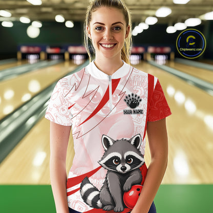 Custom Red Funny Raccoon Bowling Jersey For Women Custom Bowling Shirts Team Polo & Quarter Zip TDM6592